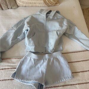 Light Blue Aritzia TNA Cozy Zip-Up Hoodie and Shorts Set